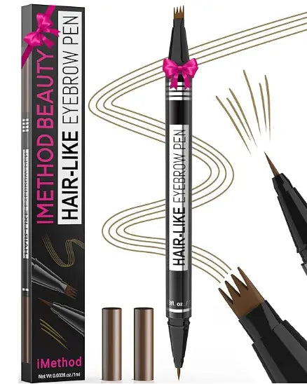 Microblading Eyebrow Pen - Eyebrow Pencil Magical 2-in-1 Dual-Ended Eye Brow Pencils for Women with 4-Fork-Tip and Precise Brush-Tip Create Natural Hair-Like Brows, Last All-Day, Light Brown