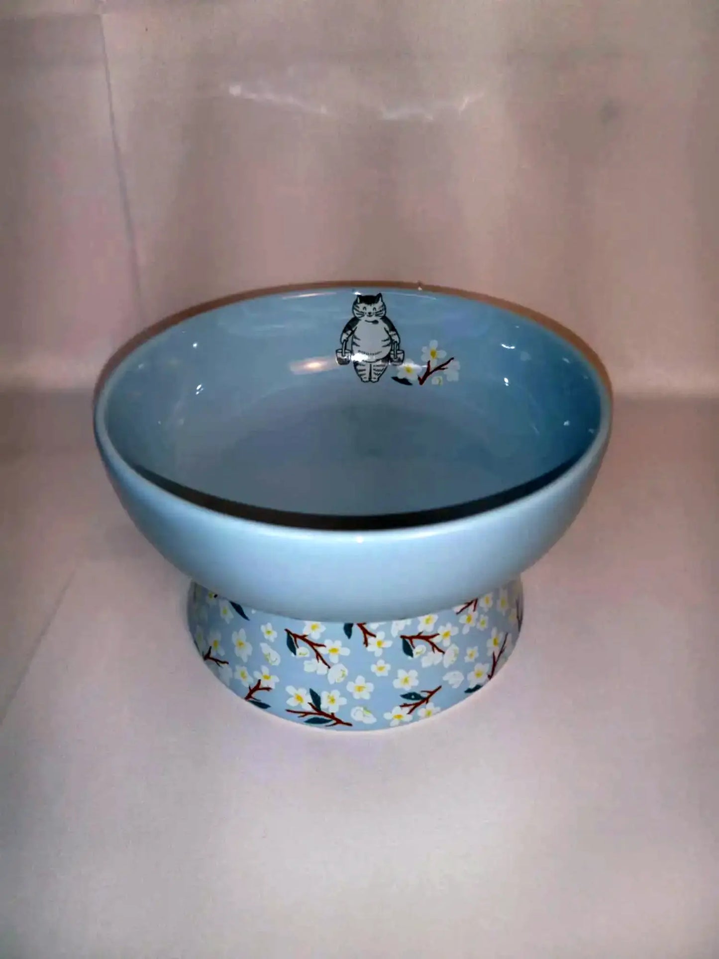 Raised Ceramic Cat Water/Food Bowl, Blue