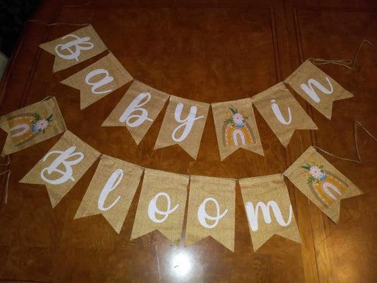 Baby In Bloom Burlap Banner, Rainbow