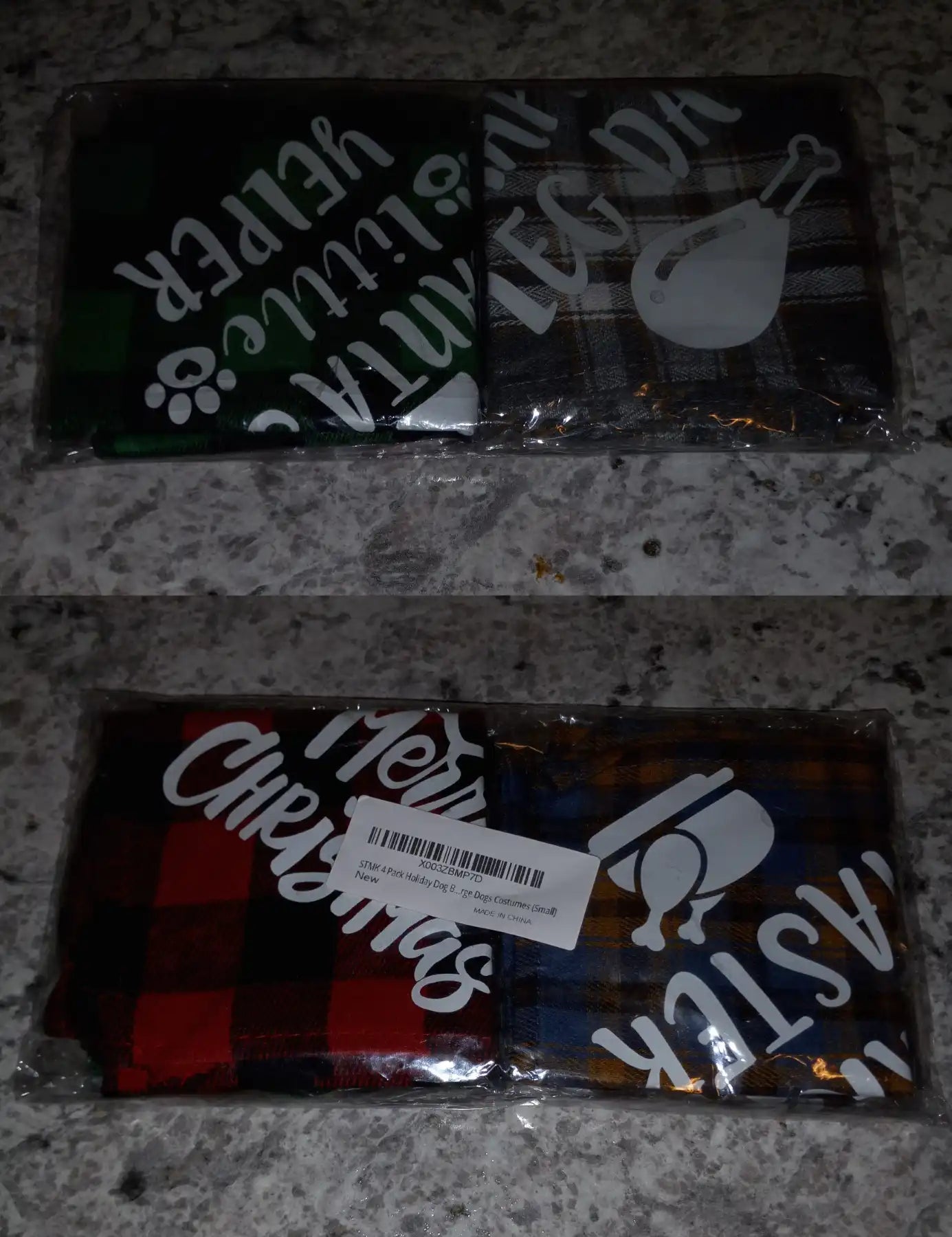 Holiday Dog Bandanas, 4 pack (“Turkey Taster”, “Merry Christmas”, “Happy Leg Day”, “Santa's Little Helper”)