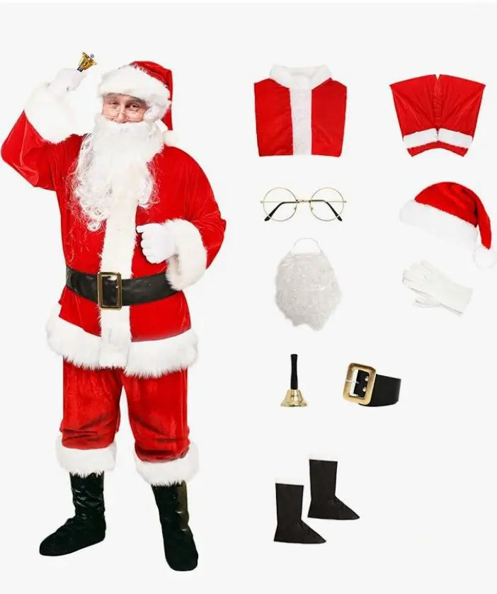 Santa Costume  - 9 piece Santa costume, size M. Includes pants, pull-over "jacket", a pair of white gloves, a pair of vinyl "boots" that strap on over your shoes, a vinyl belt, beard, empty eyeglass frames, handheld bell, and hat.