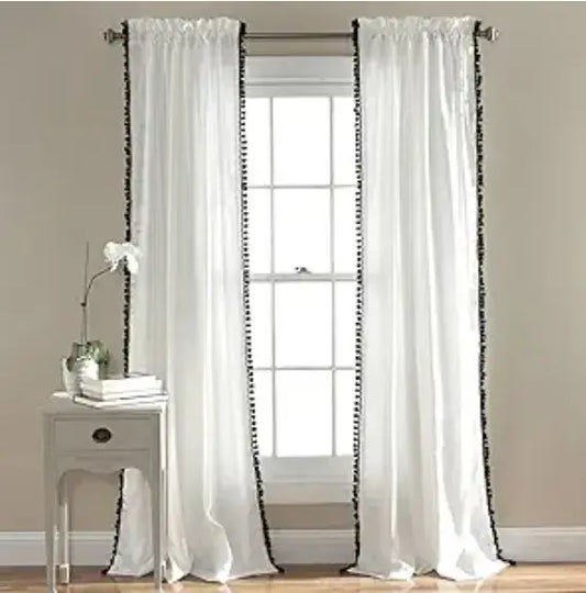 Lush Decor Tassel Curtains  - 50" x 84" single panel white curtain with black tassels.