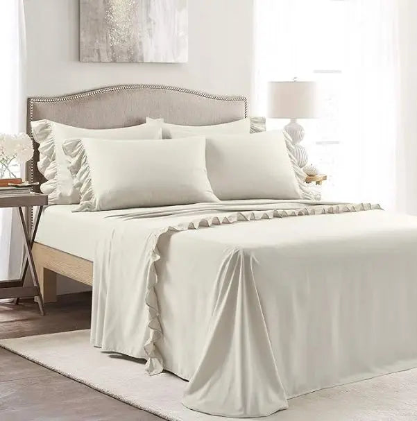 Lush Decor 6pc Reyna Ruffle Sheet Set - King - 6pc. Sheet set - in Wheat - King size. 1 flat sheet, 1 fitted sheet, and 4 pillow cases