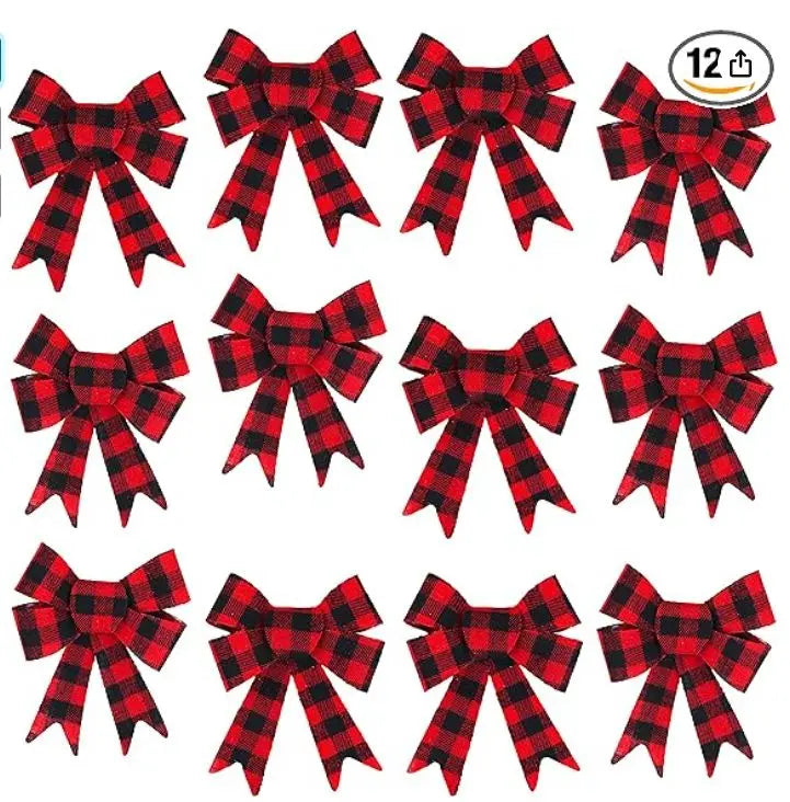 12pc Set of Red Buffalo Plaid 5-Loop Bows - Red Flannel Christmas Bows Decor 12pk - 5x7in