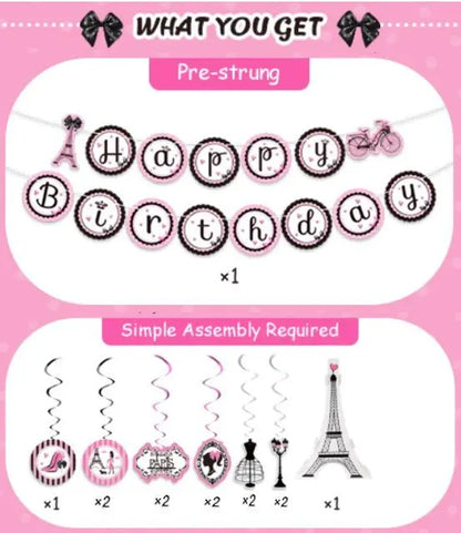 Paris Birthday Party Decorations Set – 1 “Happy Birthday” banner, 1 4pc Eiffel Tower centerpiece and 11 hanging decorations, Paris birthday party decorations set