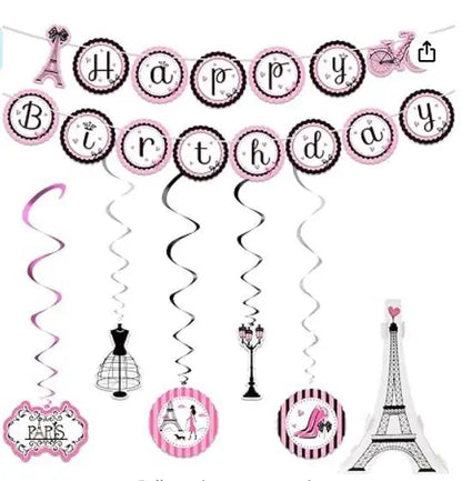 Paris Birthday Party Decorations Set – 1 “Happy Birthday” banner, 1 4pc Eiffel Tower centerpiece and 11 hanging decorations, Paris birthday party decorations set