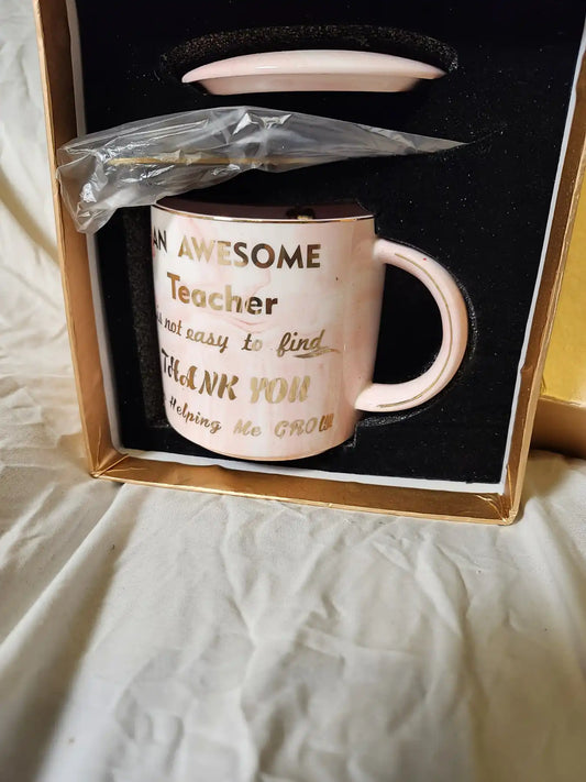 Teacher Appreciation Mug with Lid - Duneach teacher appreciation mug - pink marble ceramic, 11.5oz and lid