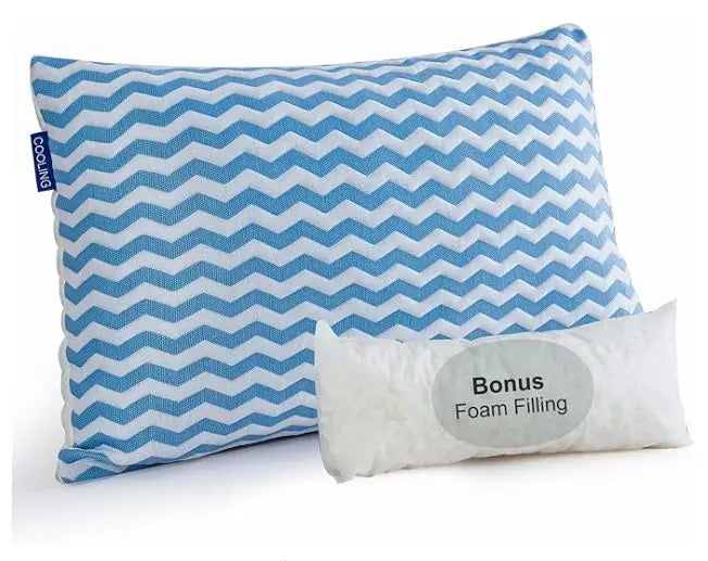 Shredded Memory Foam Cooling Pillow with extra foam fill. Add or remove fill to control firmness.