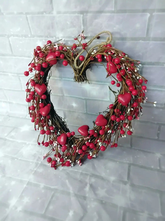 15” Heart Shaped Twig Wreath with Hearts and Berries